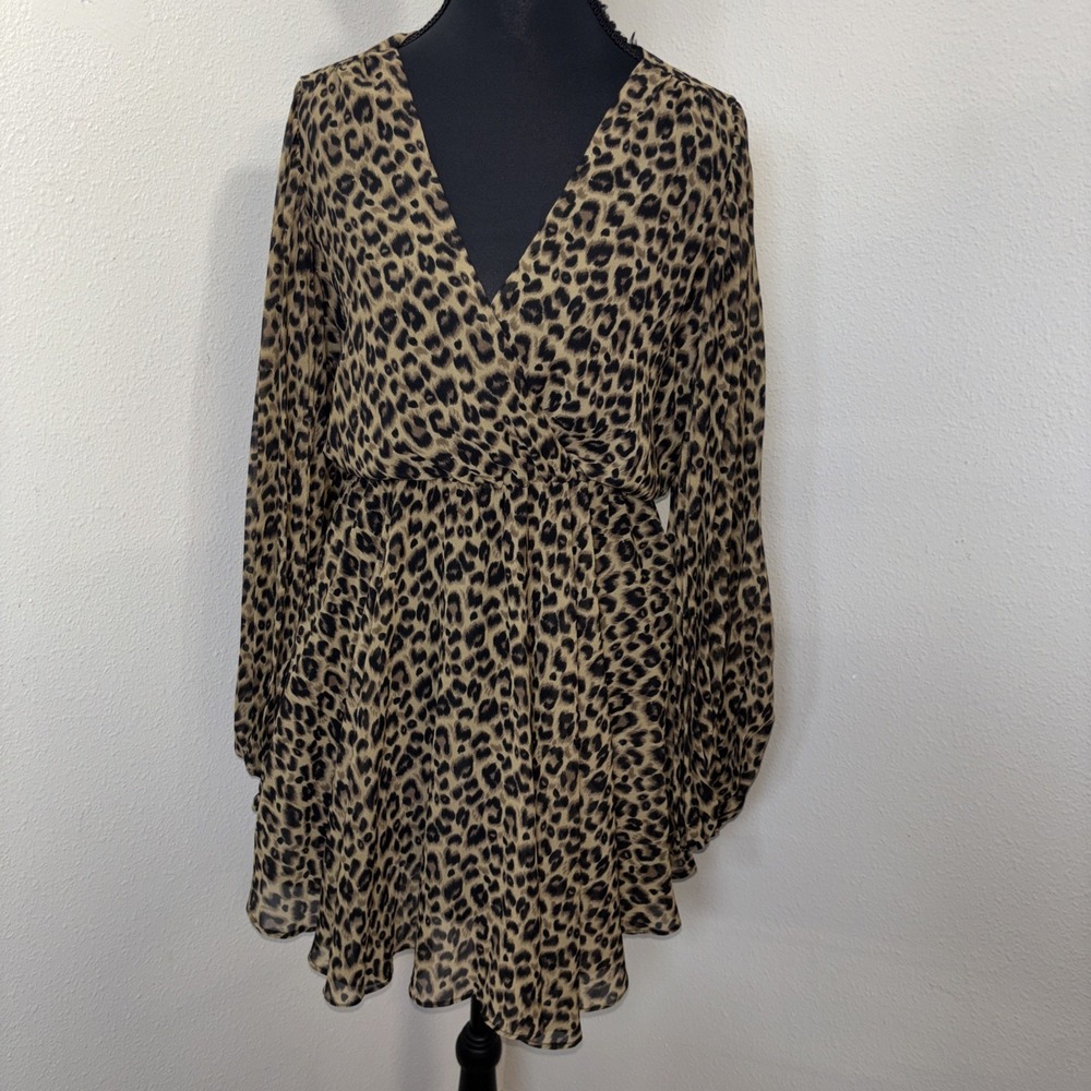 ASTR The Label Midi Dress Women's Small Brwon & Black Animal Print Sheer Boho
